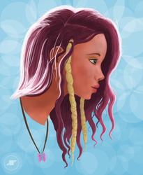 Size: 2146x2619 | Tagged: safe, artist:shiropoint, fluttershy, human, g4, dreadlocks, female, high res, humanized, solo