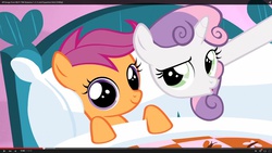 Size: 1920x1080 | Tagged: safe, screencap, scootaloo, sweetie belle, pony, g4, season 1, stare master, bed, cute, female, filly, foal, hush now quiet now, long neck, long pony, looking at you, not cropped, out of context, smiling, stretching, sweetie giraffe, youtube
