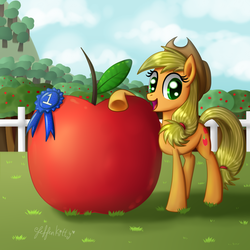 Size: 1000x1000 | Tagged: safe, artist:leffenkitty, applejack, g4, blue ribbon, female, giant apple, solo