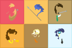 Size: 1024x683 | Tagged: safe, artist:dreamchallenger, big macintosh, cheese sandwich, doctor whooves, flash sentry, soarin', time turner, trenderhoof, earth pony, pony, g4, doctor who, glasses, male, minimalist, necktie, noisemaker, silhouette, sonic screwdriver, spear, stallion, the doctor, vector, weapon