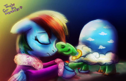 Size: 1024x659 | Tagged: safe, artist:loveless-nights, rainbow dash, tank, tortoise, g4, tanks for the memories, clothes, heart, nose kiss, robe, sad, scene interpretation, slippers