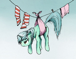 Size: 1280x1006 | Tagged: safe, artist:el-yeguero, lyra heartstrings, g4, clothes, clothes line, female, laundry, lyra is not amused, lyra's household adventure, socks, solo, striped socks, towel, unamused, upset, wet