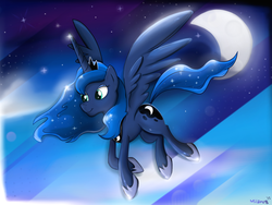 Size: 1300x977 | Tagged: safe, artist:milanoss, princess luna, alicorn, pony, g4, female, flying, moon, night, smiling, solo, spread wings, wings