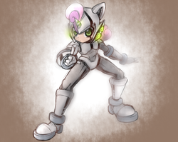Size: 1504x1200 | Tagged: safe, artist:thegreatrouge, sweetie belle, human, g4, armor, crossover, female, humanized, mega man (series), megaman zx, solo, sweetie bot