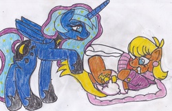 Size: 2637x1701 | Tagged: safe, artist:cuddlelamb, ms. harshwhinny, princess luna, alicorn, pony, g4, adult foal, baby bottle, diaper, diaper fetish, female, foal bottle, lying down, mare, non-baby in diaper, on back, traditional art