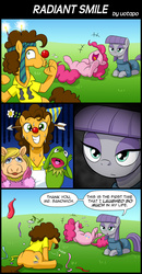 Size: 800x1540 | Tagged: safe, artist:uotapo, cheese sandwich, maud pie, pinkie pie, earth pony, pony, g4, clown nose, comic, crossover, female, internal laughing, kermit the frog, laughing, male, miss piggy, red nose, ship:cheesepie, shipping, silly, silly pony, sparkler (firework), straight, sweat, the muppets, underhoof