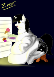 Size: 2507x3541 | Tagged: safe, artist:clot, oc, oc only, pony, unicorn, chubby, eat, fat, high res, morbidly obese, night, obese, refrigerator