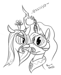 Size: 809x1001 | Tagged: safe, artist:saine grey, princess celestia, queen chrysalis, g4, bedroom eyes, boop, eye contact, female, heart, hissing, impossibly long tongue, lesbian, long tongue, monochrome, noseboop, open mouth, ship:chryslestia, shipping, smiling, tongue out