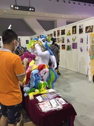 Size: 852x1136 | Tagged: safe, artist:hutouluosha, fluttershy, pinkie pie, princess celestia, oc, oc:caibaoreturn, human, g4, chienese, furry, fursuit, guangzhou furrycon, irl, irl human, photo, plushie, rainbow scratch(photographers), s1 luna, vestie, yukandasama(coser)