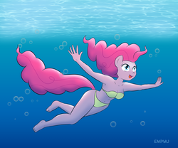 Size: 1000x833 | Tagged: safe, artist:empyu, pinkie pie, earth pony, anthro, plantigrade anthro, g4, 30 minute art challenge, barefoot, belly button, bikini, clothes, feet, female, solo, swimsuit, underwater