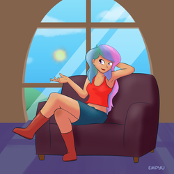 Size: 1000x1000 | Tagged: safe, artist:empyu, princess celestia, human, g4, armpits, belly button, boots, clothes, couch, crossed legs, female, humanized, looking at you, midriff, solo, sun, tank top