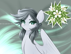 Size: 1280x960 | Tagged: safe, artist:sugarberry, oc, oc only, oc:jasmine flower, pegasus, pony, eye clipping through hair, eyebrows, eyebrows visible through hair, female, flower, leaf, looking at you, solo, spread wings, wings