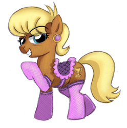 Size: 646x652 | Tagged: safe, artist:lockerobster, edit, ms. harshwhinny, earth pony, pony, g4, clothes, colored, female, fishnet stockings, lingerie, saddle, solo
