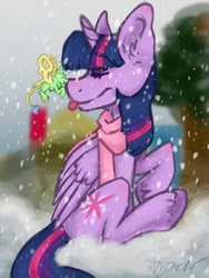 Size: 1024x1365 | Tagged: safe, artist:misocosmis, twilight sparkle, alicorn, fairy, pony, g4, clothes, female, mare, scarf, snow, snowfall, tongue out, twilight sparkle (alicorn)