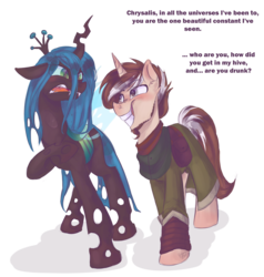 Size: 1900x2000 | Tagged: safe, artist:drawing-heart, queen chrysalis, oc, oc:mcfinnigan the mage, pony, unicorn, emw:mmmm, g4, blushing, disgusted, drunk, flirting