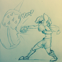 Size: 1280x1280 | Tagged: safe, artist:rockyhardwood, applejack, anthro, g4, boxing, boxing gloves, clothes, converse, female, midriff, monochrome, punching bag, shorts, solo, sports bra, traditional art
