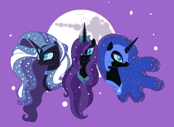 Size: 1760x1288 | Tagged: safe, artist:frozenightpl, nightmare moon, nightmare rarity, oc, oc:nyx, g4, bust, female, looking at you, looking up, mare in the moon, moon, multeity, night, night sky, older, older nyx, stars, trio, trio female