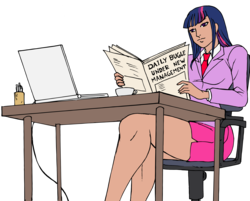 Size: 9404x7579 | Tagged: safe, artist:edcom02, twilight sparkle, human, spiders and magic: rise of spider-mane, g4, absurd resolution, clothes, computer, crossover, cup, daily bugle, desk, humanized, laptop computer, legs, male, newspaper, pencil, reading, skirt, spider-man