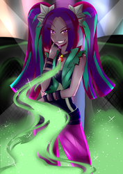 Size: 1024x1448 | Tagged: safe, artist:rabidwuff, aria blaze, human, equestria girls, g4, clothes, dark magic, female, finger bite, magic, negative energy, pants, smirk, solo