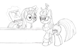 Size: 1300x800 | Tagged: safe, artist:datspaniard, honey lemon, moondancer, pony, unicorn, g4, book, bookseller, diaper, diaper fetish, dock, female, mare, monochrome, moondiaper, non-baby in diaper, potty training, pullup (diaper)