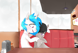 Size: 1314x899 | Tagged: dead source, safe, artist:perfect-sloth, dj pon-3, octavia melody, vinyl scratch, earth pony, pony, unicorn, fanfic:university days, g4, cuddling, diner, duo, female, lesbian, ship:scratchtavia, shipping, snuggling