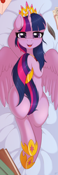 Size: 733x2200 | Tagged: safe, artist:ratofdrawn, twilight sparkle, alicorn, pony, bed, belly button, blushing, body pillow, body pillow design, book, covering, crown, feather, female, heart eyes, jewelry, letter, looking at you, mare, new crown, on bed, open mouth, pretty, princess shoes, regalia, solo, tail covering, twilight sparkle (alicorn), wingding eyes