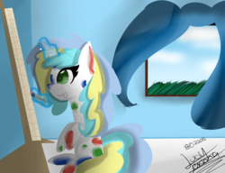 Size: 1300x1000 | Tagged: safe, artist:scarlett-letter, oc, oc only, pony, unicorn, :p, cute, magic, messy, paint, paint on fur, painting, sitting, smiling, solo, telekinesis, tongue out, window