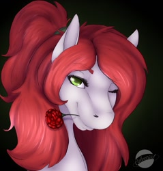 Size: 1223x1280 | Tagged: safe, artist:mamachubs, oc, oc only, pony, black background, dark background, equine, female, green eyes, hair tie, mare, one eye closed, ponytail, rose, simple background, solo, wink