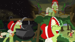 Size: 3840x2160 | Tagged: safe, artist:eagle1division, granny smith, timber wolf, ask mars pony, g4, bonnet, everfree forest, female, hat, high res, laughing, mare, montage, mouth hold, night sky, pot, scared, stars, vector, wide eyes, young granny smith, younger