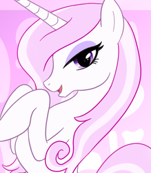 Size: 544x621 | Tagged: artist needed, safe, fleur-de-lis, pony, unicorn, g4, cropped, female, looking at you, open mouth, rearing, skunk stripe, smiling, solo