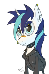 Size: 803x1200 | Tagged: safe, artist:saine grey, shining armor, pony, unicorn, g4, bandaid, choker, clothes, earring, eye ring, female, gleaming shield, leather, leather jacket, nose ring, piercing, punk, rule 63, solo, spiked choker, studs