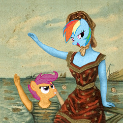 Size: 468x468 | Tagged: safe, edit, rainbow dash, scootaloo, g4, album cover, crossover, in the aeroplane over the sea, neutral milk hotel, wat