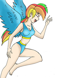 Size: 1024x1400 | Tagged: safe, artist:koku-chan, rainbow dash, human, pegasus, g4, barefoot, belly button, bikini, cleavage, clothes, earring, feet, female, humanized, midriff, piercing, solo, swimsuit, teenager, winged humanization