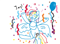 Size: 583x437 | Tagged: safe, artist:maize_runner, pinkie pie, rainbow dash, pegasus, pony, g4, balloon, confetti, doodle or die, female, happy, party, personality swap, simple background, solo, yay