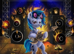 Size: 3685x2700 | Tagged: safe, artist:vittorionobile, dj pon-3, vinyl scratch, pony, unicorn, g4, bipedal, electric guitar, female, fire, glasses, guitar, hard rock, high res, looking at you, metal as fuck, musical instrument, rock (music), solo, speaker, stage