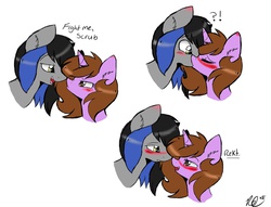 Size: 1021x782 | Tagged: safe, artist:doodlehorse, oc, oc only, oc:doodle, oc:string strummer, earth pony, pony, unicorn, bedroom eyes, blushing, boop, comic, couple, cute, doodlestrummer, ear fluff, exclamation point, eye contact, female, frown, get rekt, glare, grumpy, interrobang, kissing, lidded eyes, male, mare, nose wrinkle, noseboop, pouting, question mark, rekt, scrub, simple background, smiling, smirk, stallion, straight, surprise kiss, surprised, white background, wide eyes