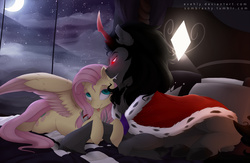 Size: 2000x1300 | Tagged: safe, artist:evehly, fluttershy, king sombra, bed, colored wings, colored wingtips, female, male, moon, night, shipping, sombrashy, stars, straight, tongue out