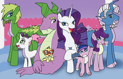 Size: 1024x663 | Tagged: safe, artist:bico-kun, rarity, spike, oc, oc:celerity, oc:clawed, oc:fang, oc:hilarity, oc:pointdexter, oc:verity, dracony, hybrid, g4, alternate hairstyle, female, glasses, interspecies offspring, male, moustache, offspring, older, older spike, parent:rarity, parent:spike, parents:sparity, ship:sparity, shipping, straight