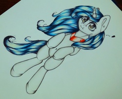 Size: 2048x1664 | Tagged: safe, artist:evildraw, oc, oc only, pony, unicorn, blushing, heart, on back, solo, traditional art