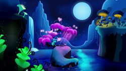 Size: 1920x1080 | Tagged: safe, screencap, princess luna, alicorn, pony, do princesses dream of magic sheep, g4, cute, dream, eyes closed, female, flower, giant flower, giant mushroom, glowing flower, glowing mushroom, luna's dream, lunabetes, majestic, mare, moon, mushroom, night, pond, prone, scenery, scenery porn, sleeping, solo, visual effects of awesome, waterfall