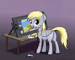 Size: 800x644 | Tagged: safe, artist:el-yeguero, derpy hooves, pegasus, pony, g4, butt, cintiq, cute, female, mare, muffin, paintbrush, painting, plot, solo, tablet