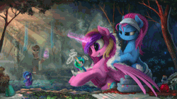 Size: 1110x627 | Tagged: safe, artist:equum_amici, artist:yakovlev-vad, lotus blossom, princess cadance, princess celestia, princess luna, alicorn, duck pony, earth pony, pony, g4, animated, bath, bathing, bottle, butler, cinemagraph, cottagecore, crepuscular rays, cute, cutedance, detailed, female, fluffy, glowing horn, grin, hoof hold, horn, hot springs, inanimate tf, levitation, lidded eyes, magic, male, mare, massage, outdoors, pond, rubber duck, shampoo, sitting, smiling, soap, spa, spread wings, squeak, squee, stallion, steam, swanlestia, swanlight sparkle, swanluna, sweatdrop, telekinesis, transformation, tree, water, wavy mouth, wet, wet mane, wide eyes