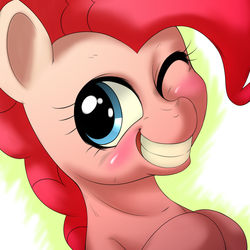 Size: 1000x1000 | Tagged: dead source, safe, artist:ushiro no kukan, pinkie pie, g4, female, grin, looking at you, solo, wink