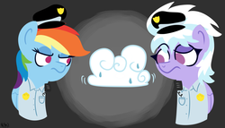 Size: 1600x915 | Tagged: safe, artist:notenoughapples, cloudchaser, rainbow dash, pegasus, pony, g4, clothes, cloud, duo, lidded eyes, police, police uniform