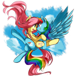 Size: 1000x1010 | Tagged: safe, artist:luciferamon, fluttershy, rainbow dash, pegasus, pony, g4, boop, cloud, eye contact, female, flying, happy, lesbian, looking at each other, mare, noseboop, open mouth, partial background, ship:flutterdash, shipping, sky, windswept mane