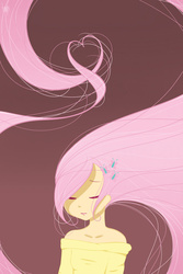 Size: 730x1095 | Tagged: safe, artist:liny-an, fluttershy, human, g4, brown background, female, heart, humanized, simple background, solo