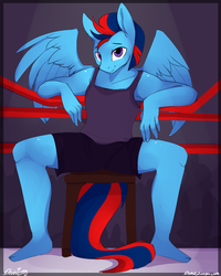 Size: 1200x1500 | Tagged: safe, artist:php41, derpibooru exclusive, oc, oc only, oc:andrew swiftwing, pegasus, anthro, plantigrade anthro, barefoot, feet, looking at you, male, ropes, sitting, solo, stallion, stool