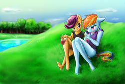 Size: 1500x1000 | Tagged: safe, artist:d-lowell, rainbow dash, scootaloo, anthro, plantigrade anthro, g4, barefoot, clothes, collar, drink, feet, female, grass, lesbian, panties, pink underwear, ship:scootadash, shipping, tree, underwear, water