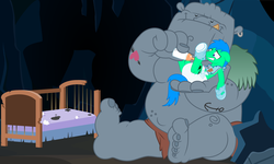 Size: 10000x6000 | Tagged: safe, artist:evilfrenzy, idw, cave troll jim, oc, oc only, oc:spearmint, cave troll, earth pony, pony, absurd resolution, baby bottle, bib, booties, crib, diaper, diaper fetish, male, non-baby in diaper, poofy diaper, stallion