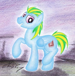 Size: 1024x1047 | Tagged: safe, artist:thechrispony, oc, oc only, oc:flare, pegasus, pony, fallout equestria, fallout equestria: heroes, colored pencil drawing, folded wings, looking at you, male, raised hoof, smiling, solo, stallion, traditional art, wings